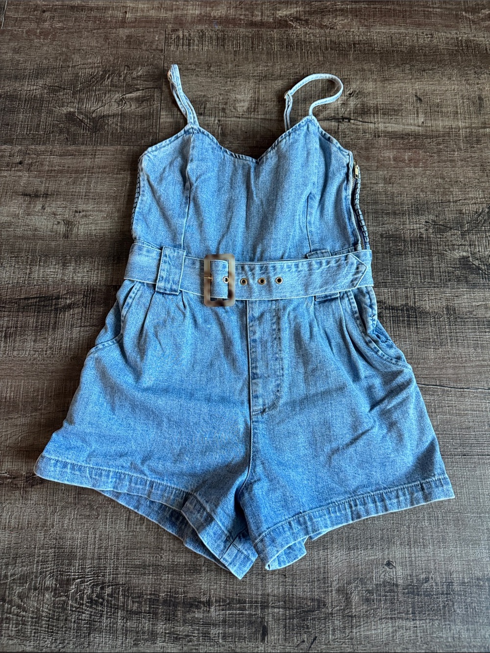Show Me Your MuMu Light Blue Denim Romper with Belt